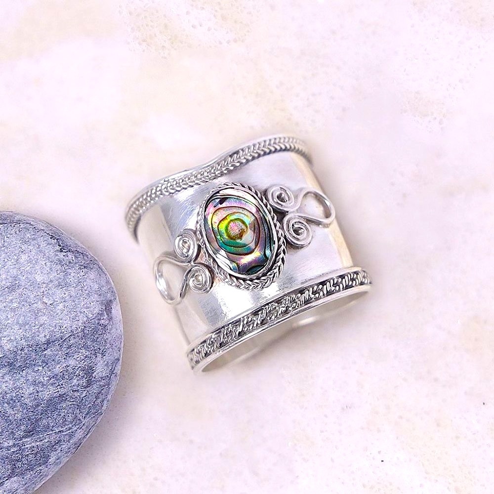 New Gorgeous 925 Silver Abalone Bali-Style Filigree Ring